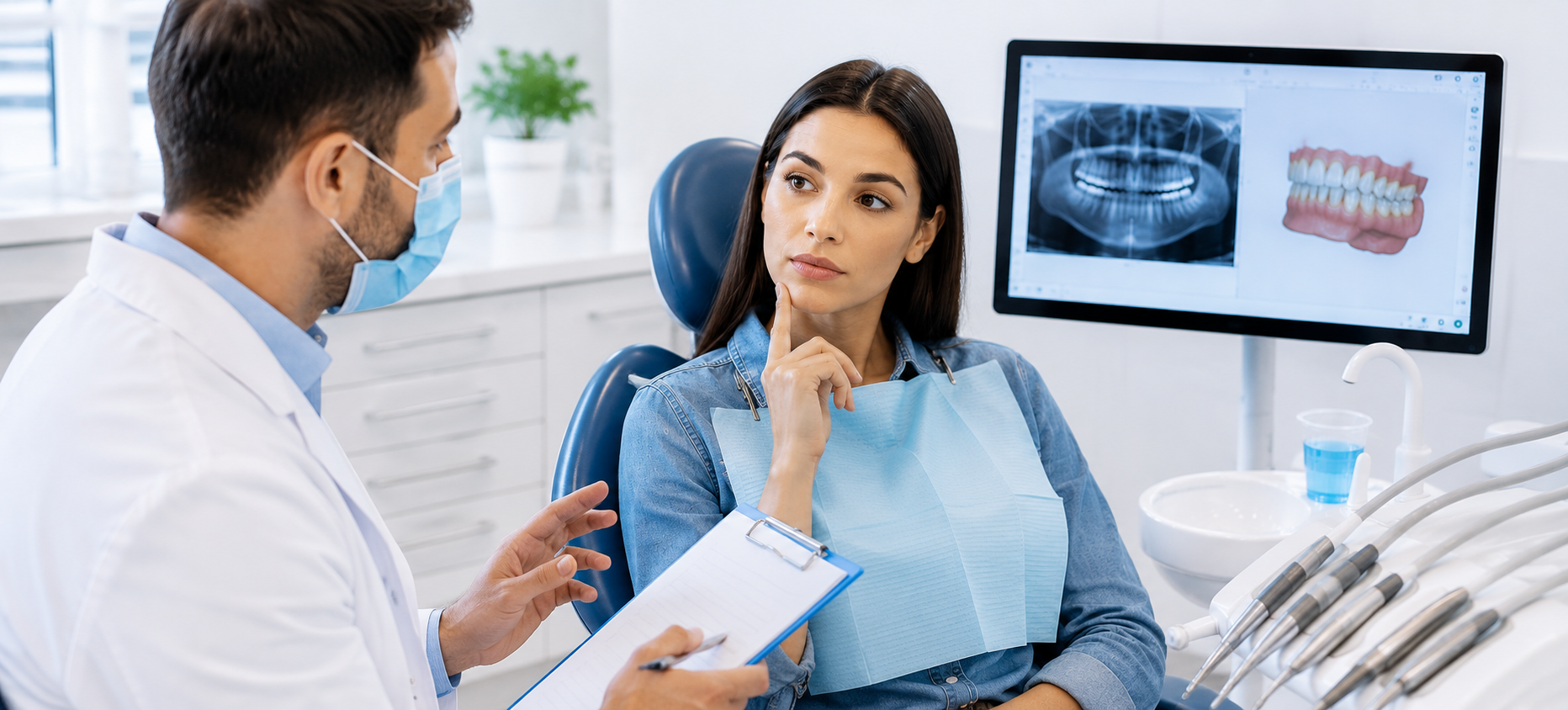 Patient discussing dental treatment questions with a dentist during consultation 